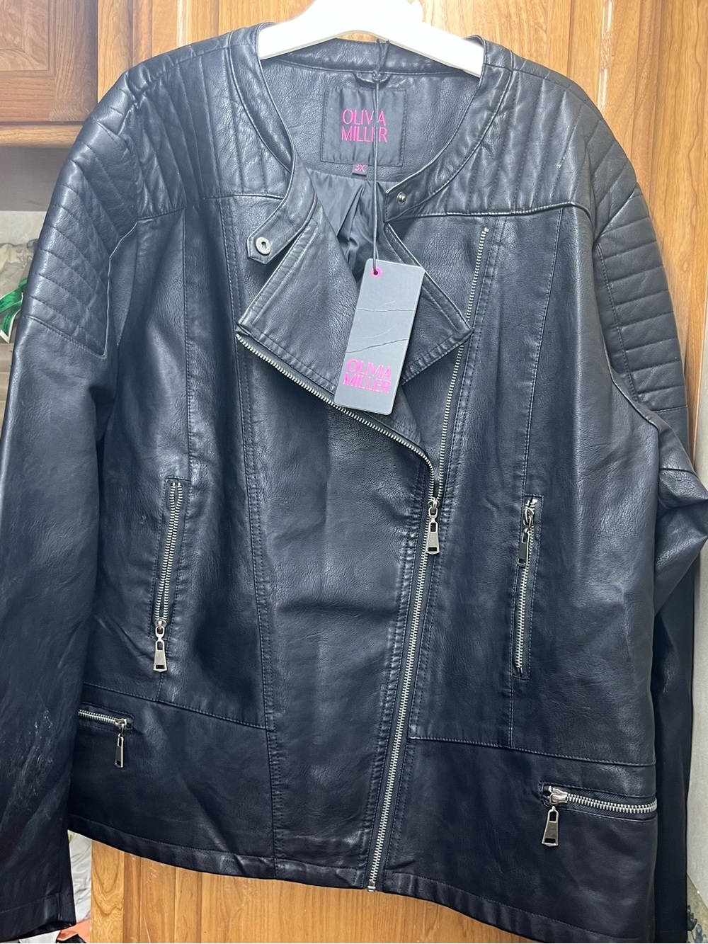 Olivia Miller Black Faux Leather Quilted Shoulder Moto Jacket 3X